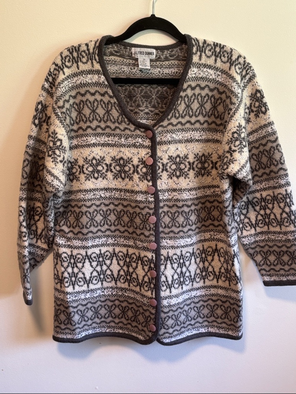 Alfred Dunner Beige and Charcoal Patterned V-Neck Button Front Cardigan